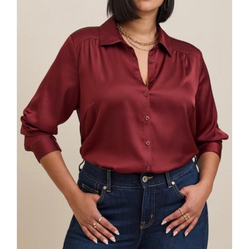 🆕 Madison Satin Button Up Long Sleeve Shirt 2 2X 18 20 NWT Torrid New! Maroon